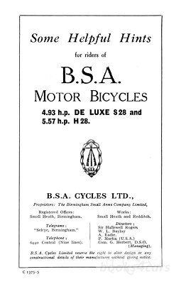 view cover of 1928 Instruction Book Owners Manual 4.93 hp OHV by BSA 56 pages