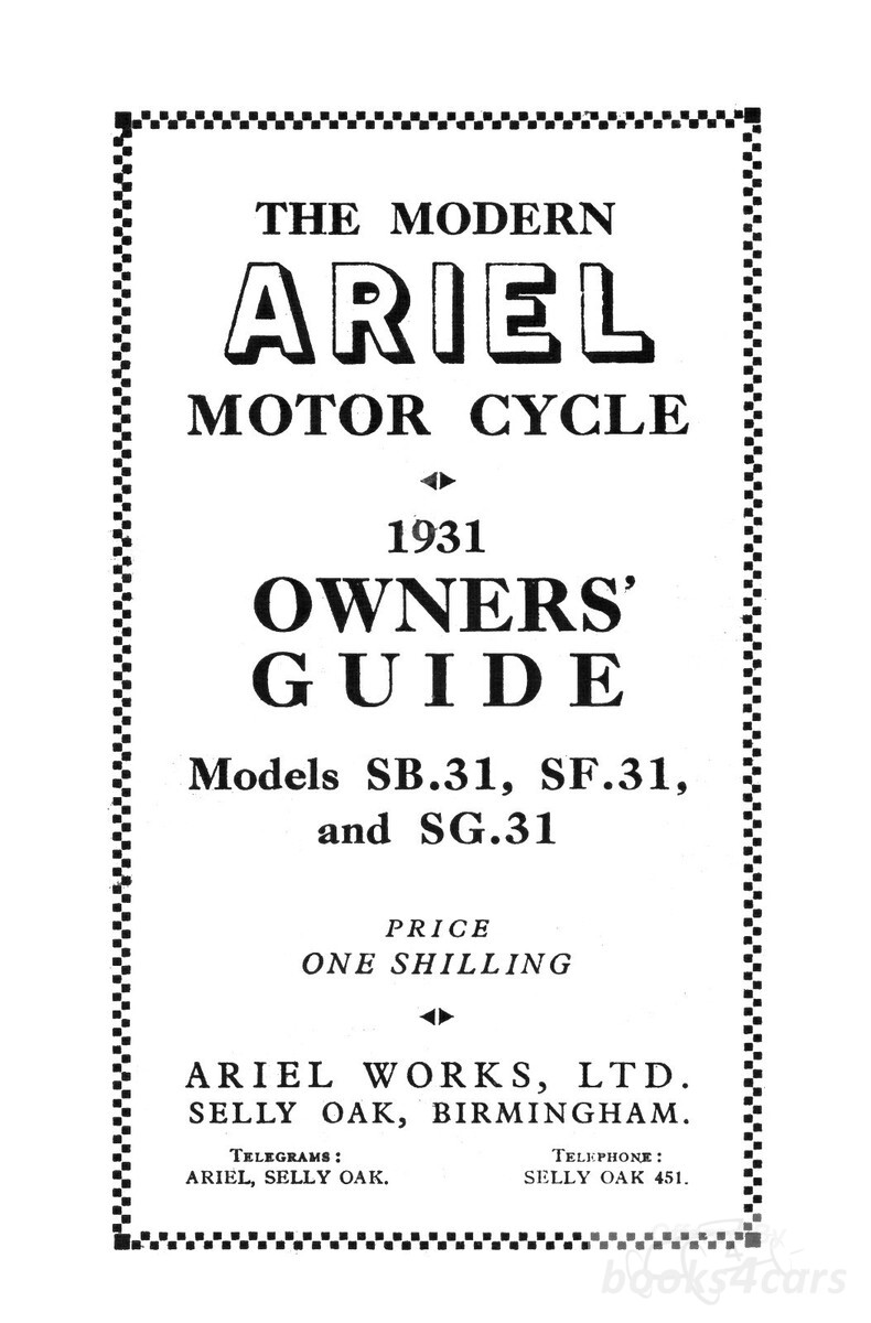 view cover of 1931 Instruction Book by Ariel for SB, SF, SG 1931