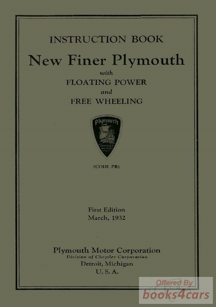 view cover of 1932 Owners Manual for PB by Plymouth 90 pages