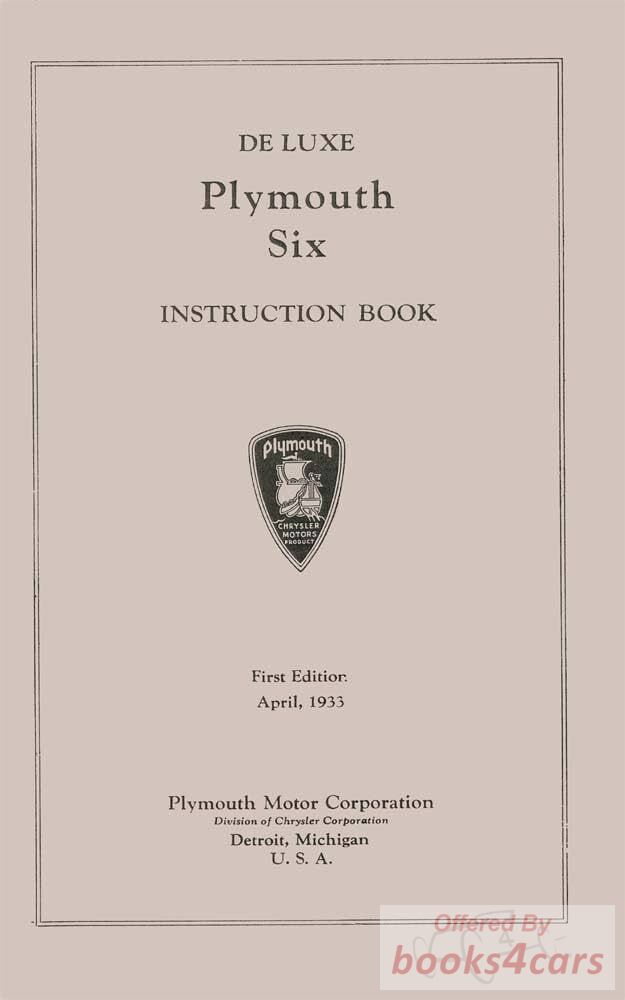 view cover of 1933 PD Owners Manual by Plymouth