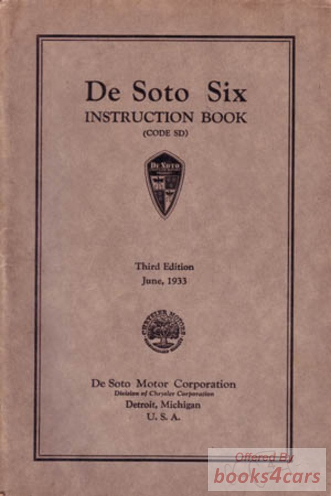 view cover of 1933 DeSoto Six Owners Manual (code SD ) by DeSoto