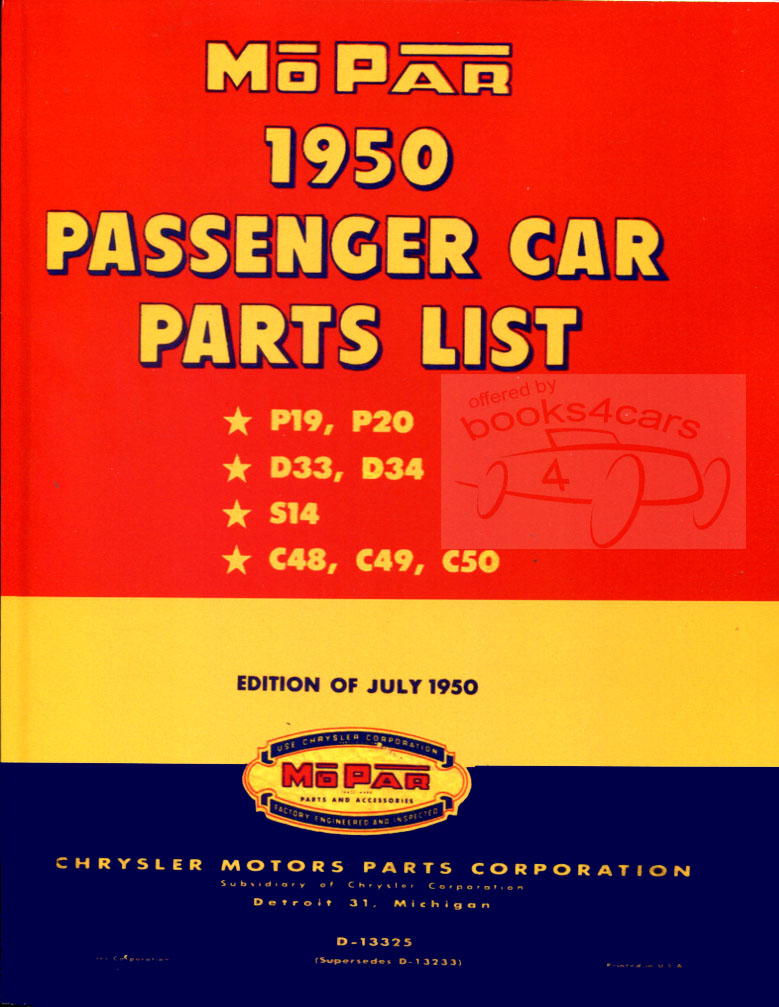 view cover of 1950 parts & illustrations manual by Chrysler Plymouth DeSoto & Dodge; 506 pages