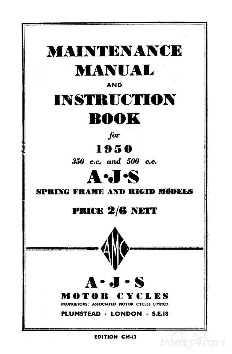 view cover of 1950 Instruction Book by AJS for 350cc 16M, MS, MC 1950