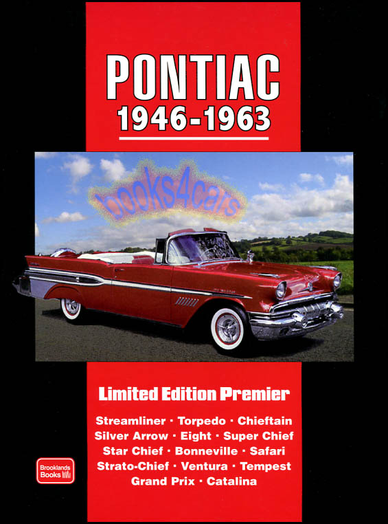 view cover of 1946-1963 Pontiac Limited Edition Premier compilation articles compiled into portfolio book by Brooklands covering all models including Catalina Chieftain Bonneville Star Chief Super Chief Safari and more 160 pages