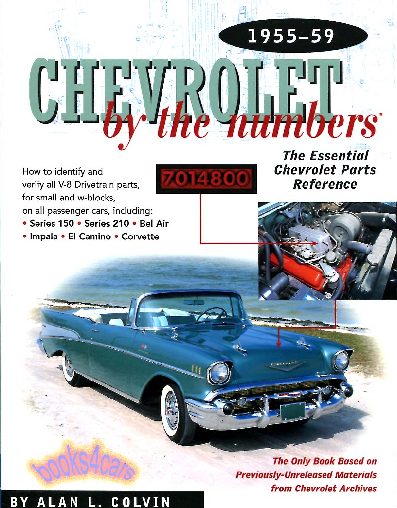 view cover of 1955-1959 Chevrolet by the numbers How to identify and verify all V-8 drivetrain parts for small and W-blocks on all passenger cars, including: Series 150 210 Bel Air Impala El Camino Corvette 240 pages by A. Colvin