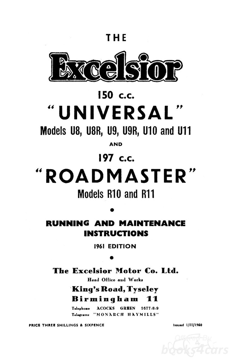 view cover of 1961 Instruction Manual by Excelsior for Universal & Roadmaster 1961. 36 pages.