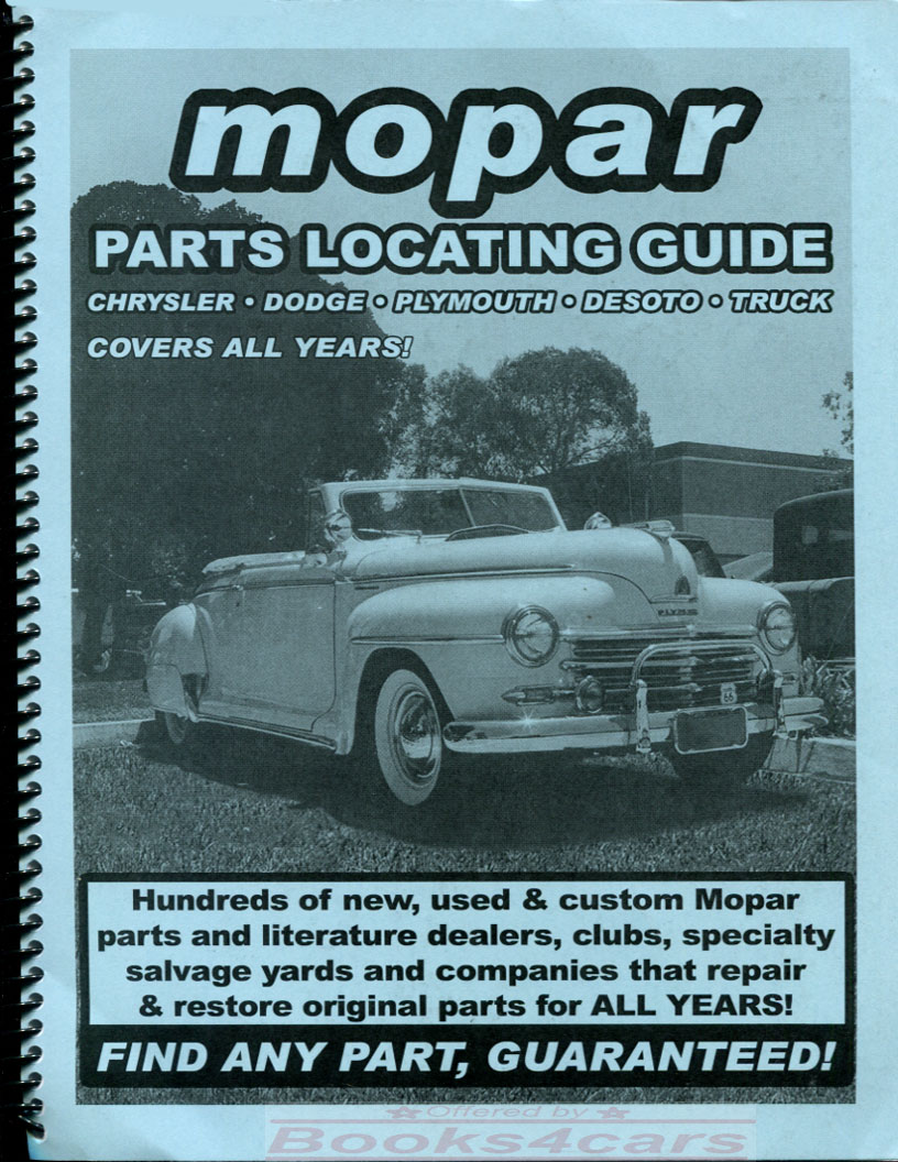 view cover of 1924-1990 Mopar parts locator guide for all Chrysler, Dodge, Plymouth, and DeSoto cars & trucks including Dart Charger Challenger Satelite Valiant Fury Barracuda Cuda Super Bee RT Coronet Monaco Demon Duster Polara Scamp and more....