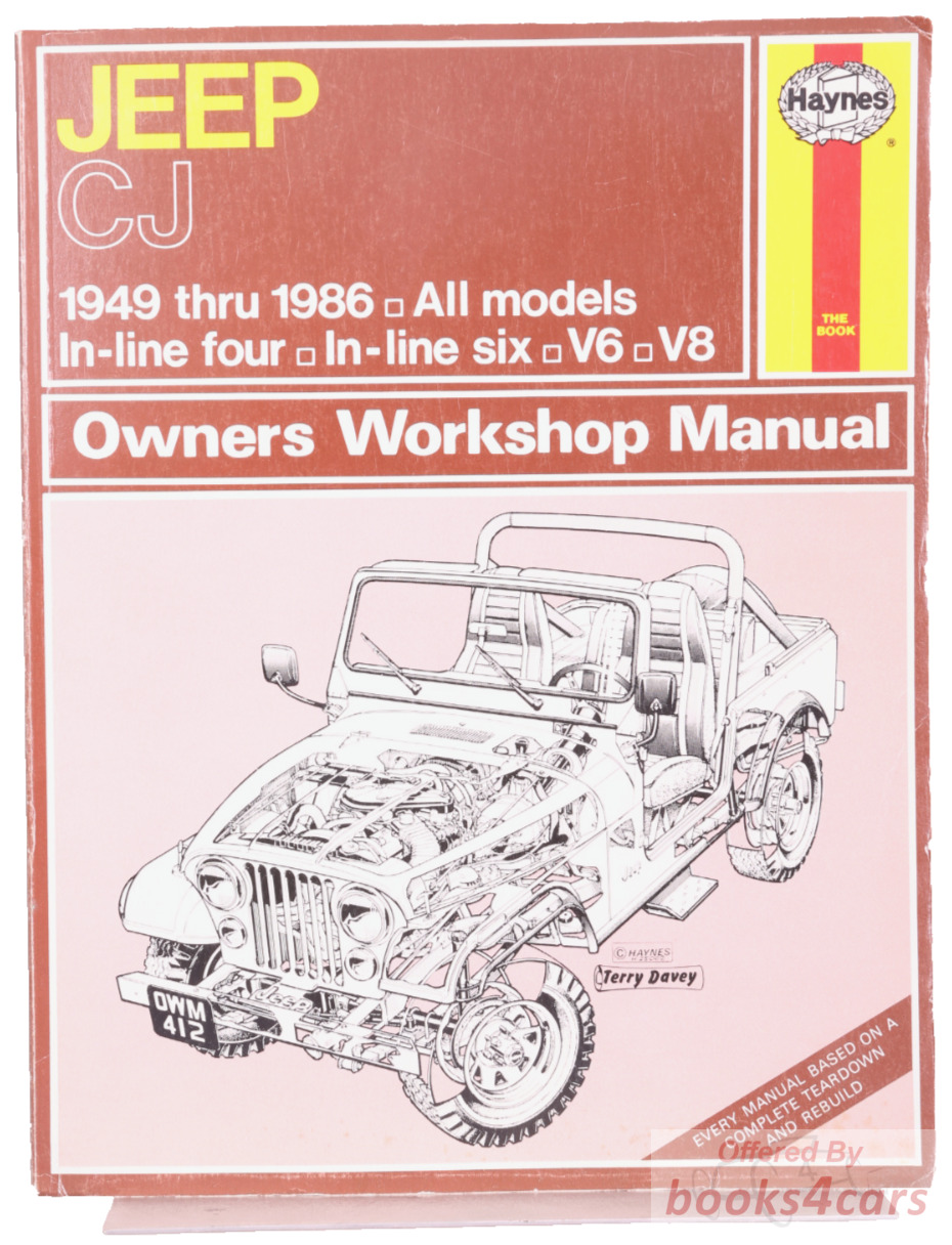 view cover of 1949-1986 CJ 2-7 manual shop service repair manual for all Jeep CJ models by Haynes inline 4 inline 6 V6 V8 engines