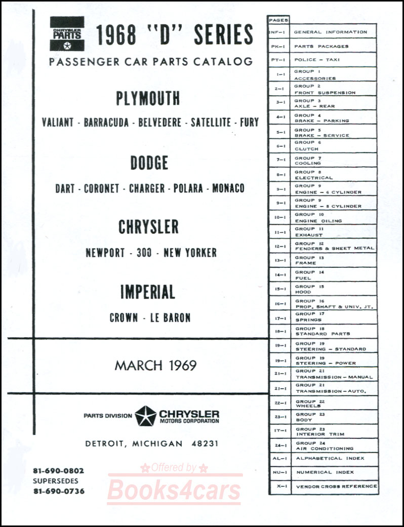 view cover of 1968 parts & illustrations Manual by Chrysler Dodge & Plymouth 1,422 pages for all models including Imperial Barracuda Dart Coronet Super Bee Charger Monaco New Yorker