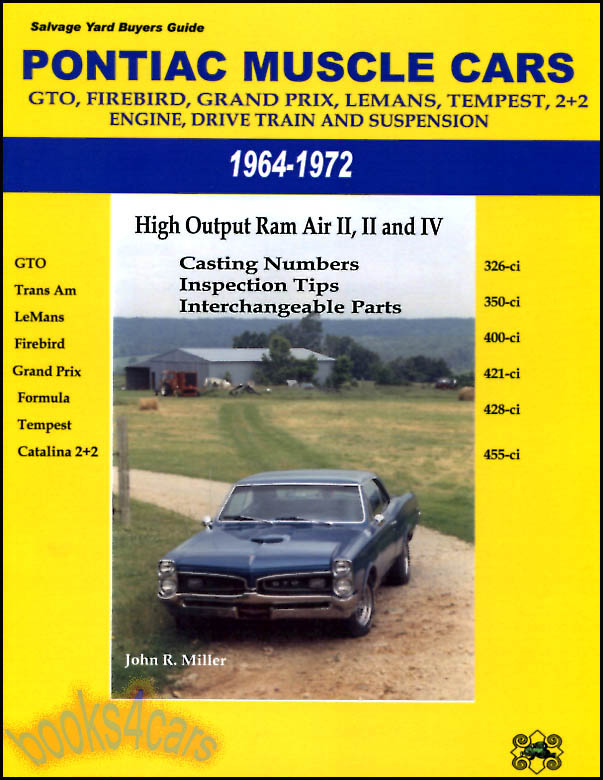 view cover of 1964-1972 Pontiac Muscle Cars Used parts Buyers Guide engine drive train & suspension Interchange Parts Manual includes casting numbers Inspection Tips, & Interchangeable Parts covers GTO LeMans Tempest Grand Prix Firebird Trans Am Catalina 2+2 by John Miller
