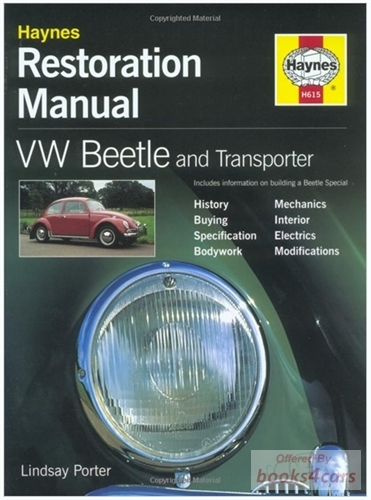 view cover of Restoration Manual by Haynes for Volkswagen Beetle & Transporter Van 328 hardbound pages by L Porter Covers 54-79 VW Beetle & 54-67 Vans
