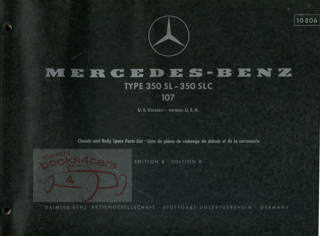 view cover of SL SLC Parts Manual by Mercedes for type 107 350 350SL & 350SLC