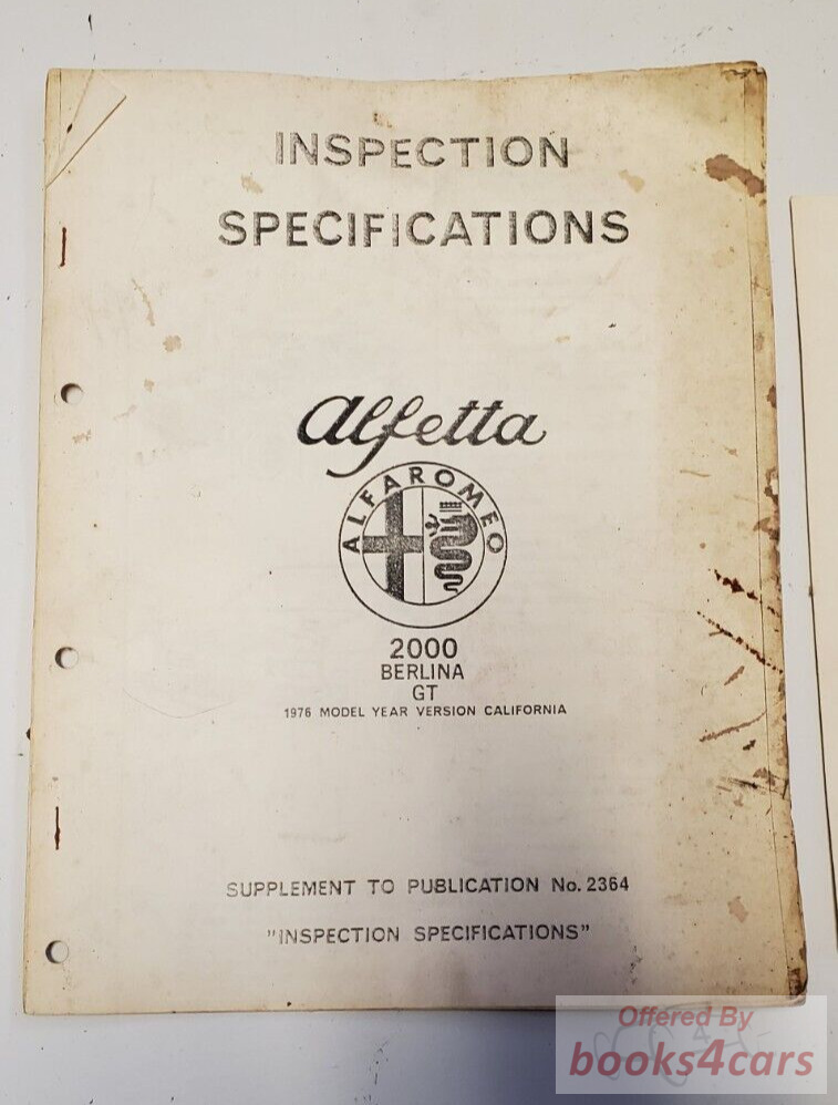 view cover of 1976 2000 Inspection Specifications, California model by Alfa Romeo