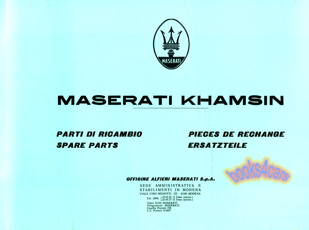 view cover of 1974-1980 Khamsin parts manual by Maserati