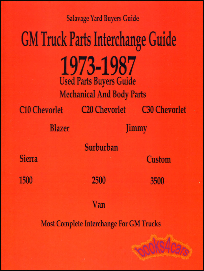 view cover of 1973-1987 Chevrolet & GMC Pickup Truck Parts Interchange Parts Manual & Used Parts Guide over 300 pages all models C/K C10 C15 C20 C25 C30 C35 K10 K15 K20 K25 K30 K35 from 1/2 ton through 1 ton including all Pickups and SUV Blazer Jimmy & Suburban
