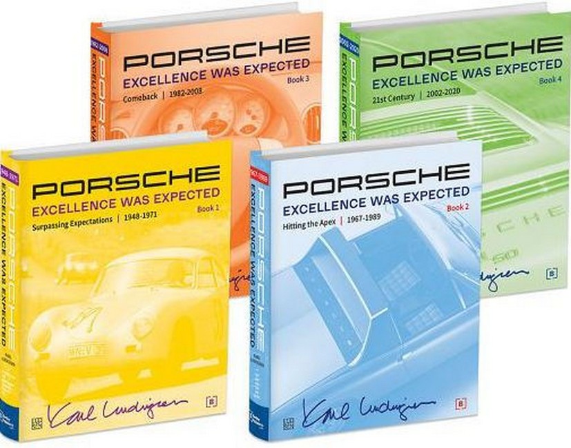 view cover of Excellence was expected 2.836 page history of Porsche thru 2019 by K. Ludvigsen covering all manners of 911 917 914 Carrera Turbo 356 912 928 924 944 968 906 907 918 Spyder Carrera GT Cayenne Panamera Macan GT3RS and more 4-volume set incl 2,912 photos & illustrations