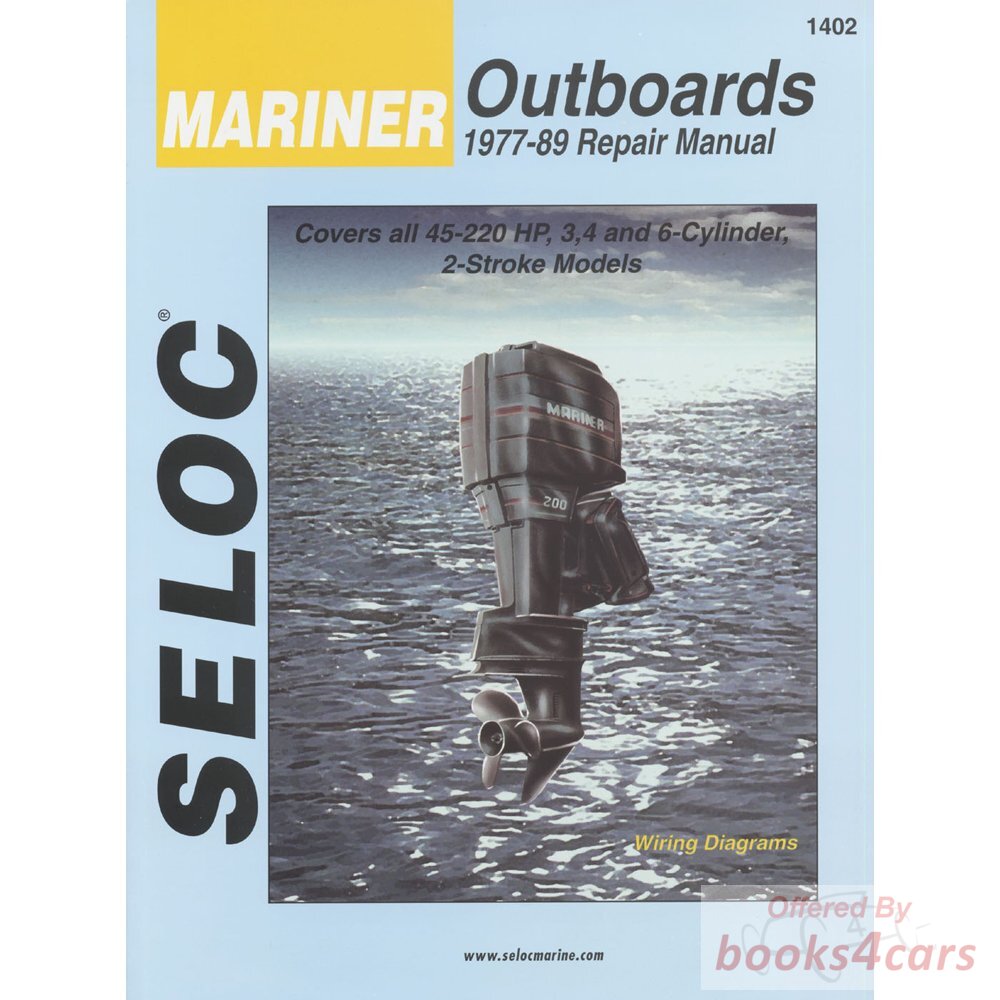 view cover of 1977-1989 Mariner Outboards 3 4 and 6 Cyl Covers all 3 and 4 cylinder in line 6 and V6 2 stroke moels, including fuel injected units. Maintenance and Repairs Manuals