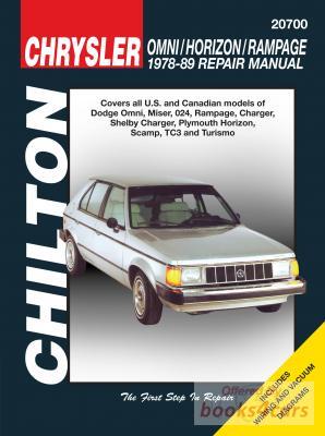 view cover of 1978-1989 Omni Horizon Charger 2.2 Miser Rampage 024 Shelby Charger Large Format shop service repair Manual for Chrysler Plymouth & Dodge by Chiltons