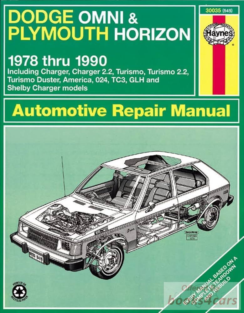 view cover of 1978-1990 Dodge Omni Plymouth Horizon shop service repair manual by Haynes O-24 TC3 Charger 2.2 Turismo