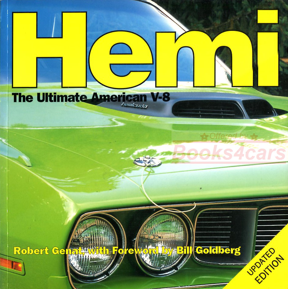 view cover of Hemi: The Ultimate American V-8; by R. Genat design development history of the hemi V8 engine incl Cutaways 220 photos 168 pages including Challenger Barracuda GTX RoadRunner Coronet Charger Satelite Daytona Magnum 300C & more...