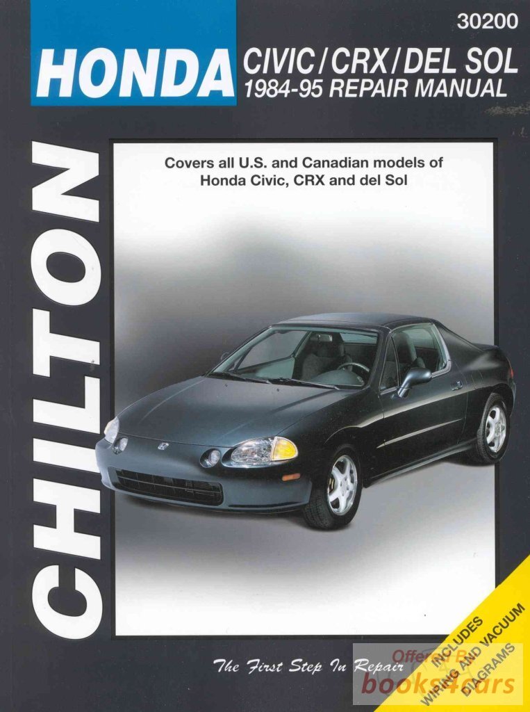 view cover of 1984-1995 Civic shop service repair Manual for Honda by Chiltons. Covers all Civic models including CRX, del SOL, Sedan, Wagon, Hatchback & Coupe