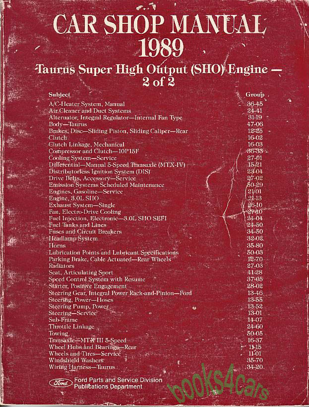 view cover of 1989 SHO Shop Service Manual Supplement by Ford for Taurus SHO special features