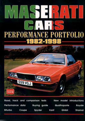 view cover of 1982-1998 Portfolio of articles about Maserati compiled into 136 page book form by Brooklands covering BiTurbo, Ghibli, Karif, Quattroporte, Shamal, 430, 222E, Royale, Open Cup, 425, 2.24v, and more...