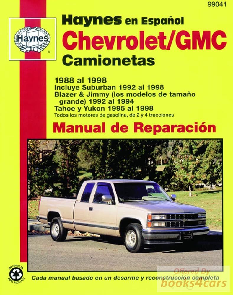 view cover of 1988-1998 Spanish Camionetas Chevrolet & GMC shop service repair manual by Haynes for Suburban 92-98 Blazer & Jimmy 92-94 Tahoe & Yukon 95-98 full size pickup 88-98