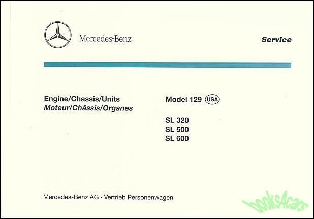 view cover of 1990-1999 SL parts id manual 425 pgs by Mercedes for 500SL 600SL 300SL 129 chassis in German English French Italian Spansh Russian & Arabic for SL300 SL500 & SL600 SL 300 500 600 illustrating every part