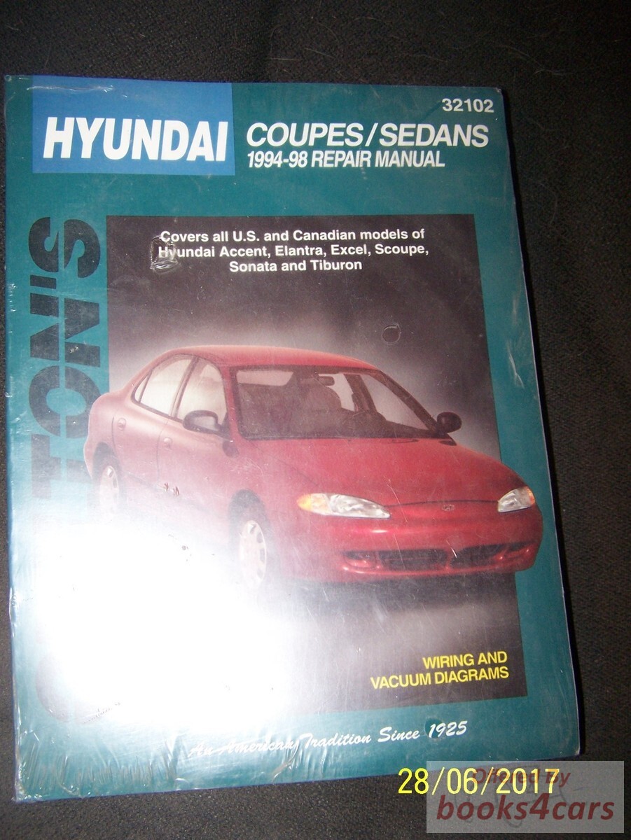 view cover of 1994-1998 Large Format shop service repair Manual for Hyundai by Chiltons covers Accent Elantra Excel Scoupe Sonata Tiburon