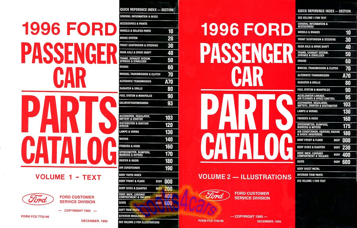 view cover of 1996 Parts & Illustrations Manual by Ford for all Ford Lincoln & Mercury Passenger Cars including Mustang Taurus Sable Escort Modeo Thundrebird Continental Mark VIII and more