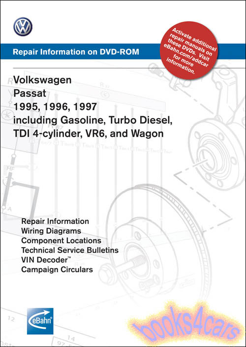 view cover of 1995-1997 Passat Shop Service Repair Manual by VW on DVD complete equivalent of the 2,332 page Volkswagen service manual including Gas, Diesel, 4 cyl, & VR6.