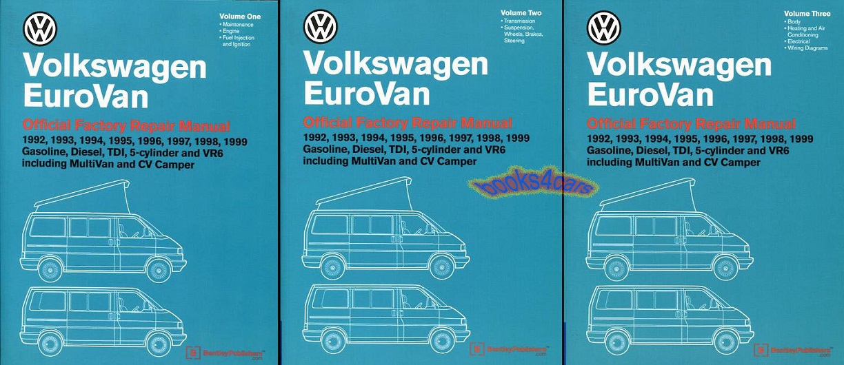 view cover of 1992-1999 Volkswagen Eurovan factory Shop Service Repair Manual; Gasoline Diesel TDI, 5-cylinder and VR6 including MultiVan Rialto and CV Camper 2,516 page 3-vol set. 2,361 photos and ilustration by Bentley Publishers