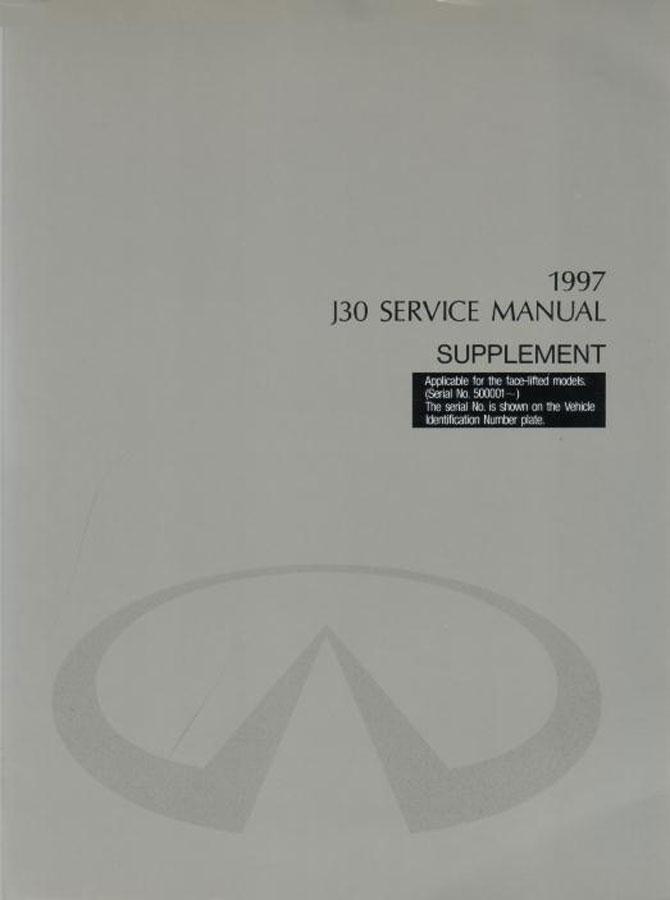 view cover of 1997 J30 Shop Service Repair Manual Supplement by Infiniti covers updates including Engine Control System Wiring Diagrams, ABS Restrains System, Electrical System, General Wiring Diagrams. About 150 pages Facelifted models from VIN 500001 onwards