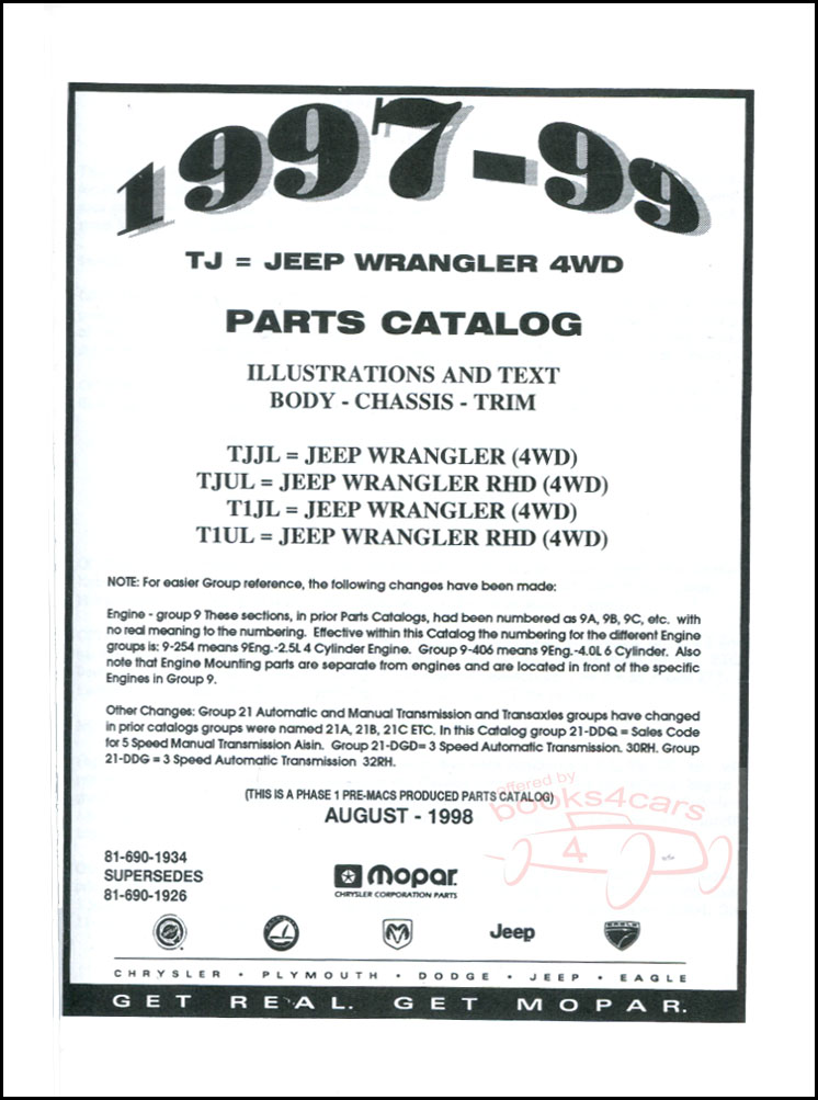 view cover of 1997-1999 Wrangler Illustrated Parts Manual by Jeep