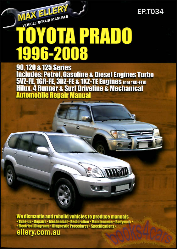 view cover of 1996-2009 Toyota Prado Land Cruiser & Lexus GX Shop Service Repair Manual 504 pages by Ellery covering gas petrol 2.7 3.4 4.0 & diesel V6 3.0 5VZ-FE 1GR-FE 3RZ-FE 1KZ-TE covers Hilux Surf & 4runner mechanicals 90 120 & 125 series ( does not cover V8 )