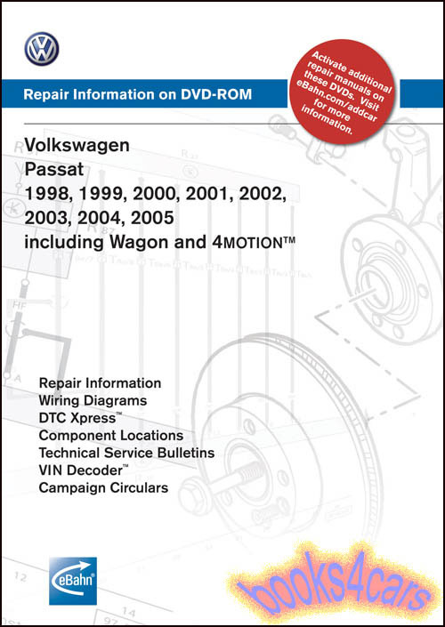 view cover of 1998-2005 Volkswagen Passat Factory Shop Service Repair Manual on DVD-Rom covering all version including incl 2.0 4cyl TDI Diesel PD V6 Turbo 4 cyl 1.8 Liter 5V Turbo 2.8 V6 5V 4.0 Liter V8 5 Spd. Manual Automatic Transmission All Wheel Drive 4MOTION VW by Bentley