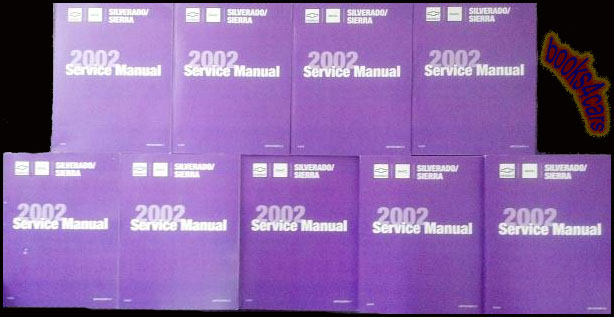 view cover of 2002 Silverado & Sierra Complete Shop Service Repair Manual 5 volume Set by Chevrolet & GMC Truck covers all versions including 1500 2500 3500 4.3 4.8 5.3 6.0 6.6 8.1 Duramax diesel & gas engines body electrical suspension and more