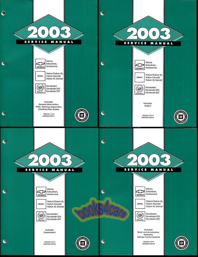 view cover of 2003 Avalanche Denali Tahoe Suburban Escalade Yukon Denali & XL Shop Service Repair Manual 4 volume set by Chevrolet Cadillac & GMC Truck