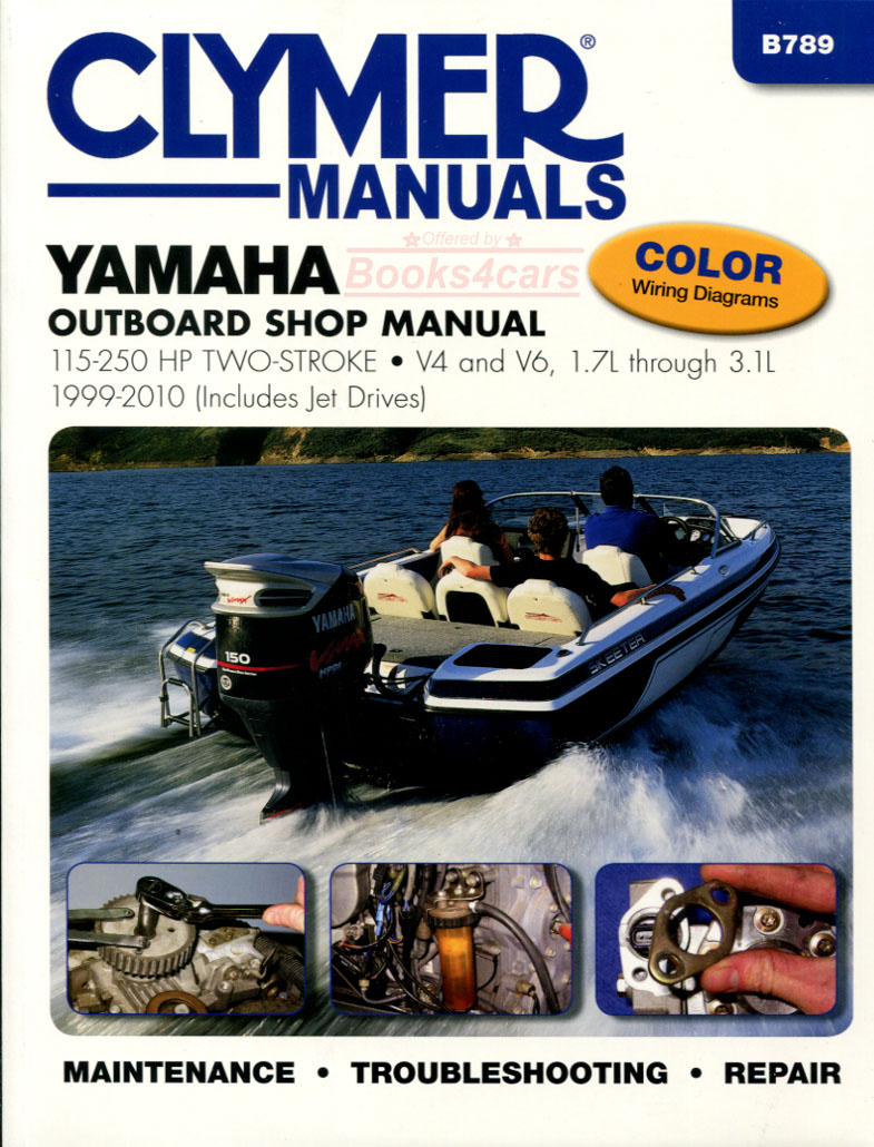 view cover of 1999-2010 115-250 hp Two Stroke Outboards (includes Jet Drives) Marine Shop Service Repair Manual 640 pages by Clymer for Yamaha incl 1.7L 2.6L & 3.1L V4 & V6